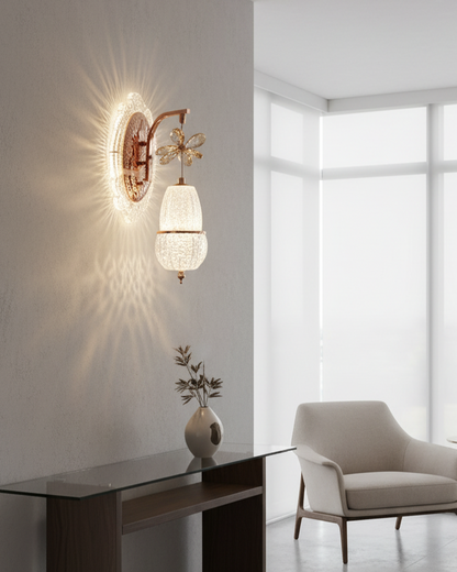 Swanart luxury crystal butterfly wall light with rose gold finish and LED crystal shade, decorative modern sconce for living room or bedroom.