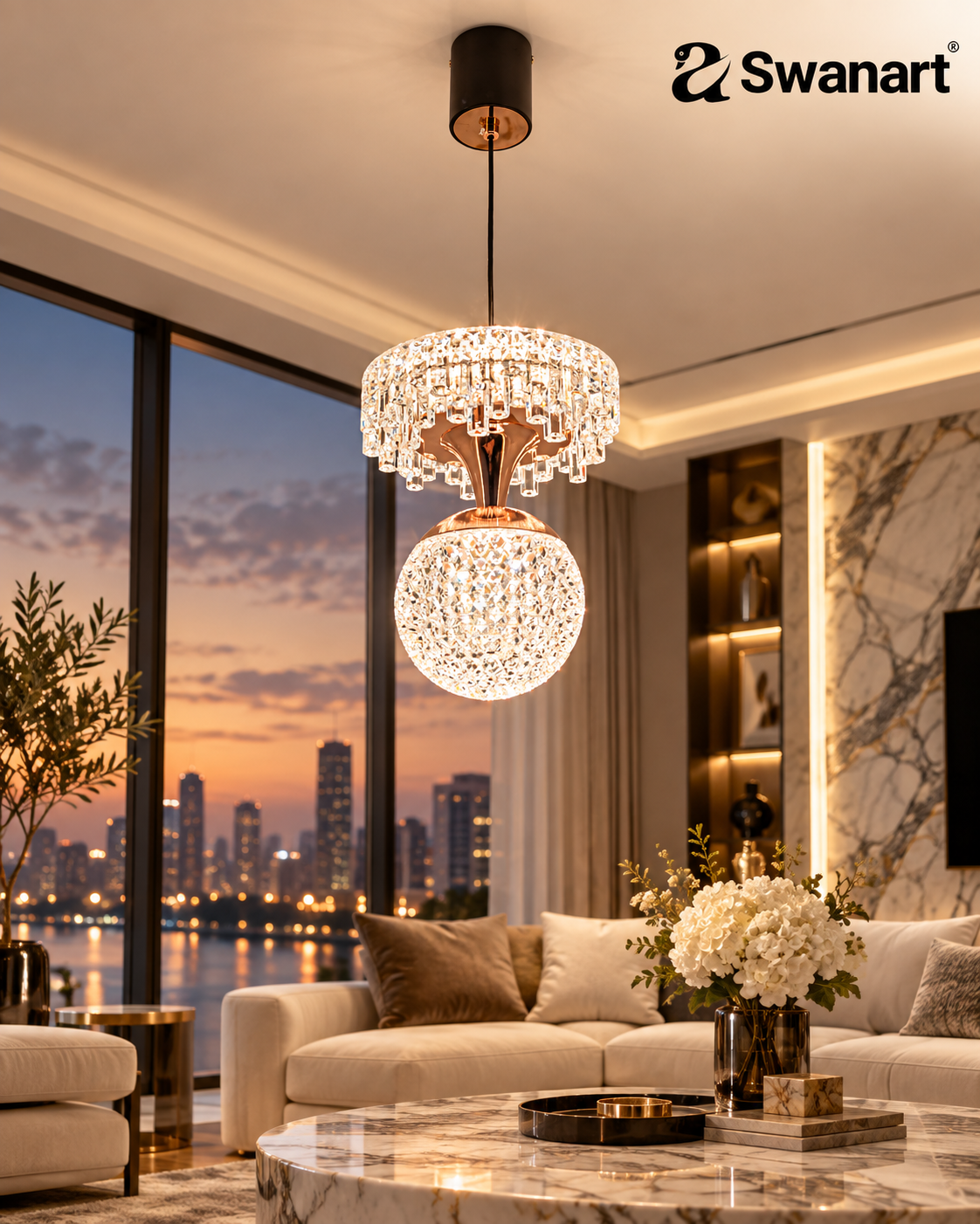 Modern Swanart 2-tier crystal pendant light with black and rose gold accents, showcasing elegant hanging crystal design in a creative studio setting.