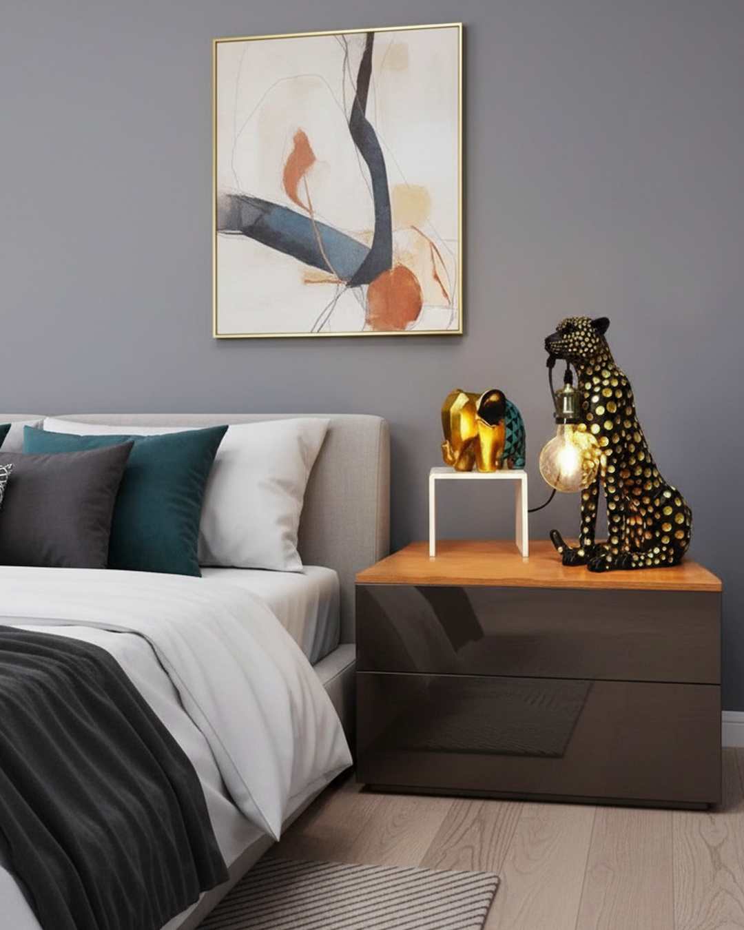 Swanart leopard table lamp featuring a cheetah figurine with exposed bulb, modern animal decor for living room, bedroom, or office.