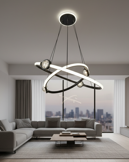 Swanart Modern Orbit LED chandelier featuring a black ring pendant with crystal accents, hanging in a contemporary living space.