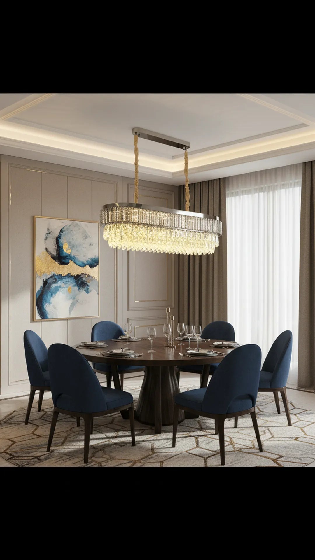 Swanart luxury 4-layer crystal chandelier with rectangular modern LED design, hanging over a dining table in a stylish living room setting.
