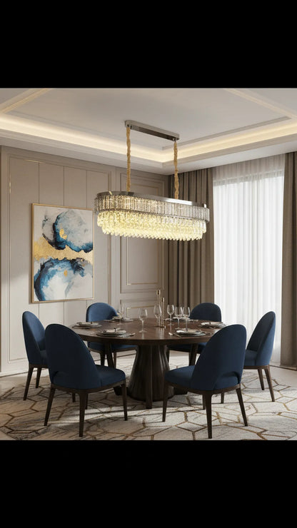 Swanart luxury 4-layer crystal chandelier with rectangular modern LED design, hanging over a dining table in a stylish living room setting.