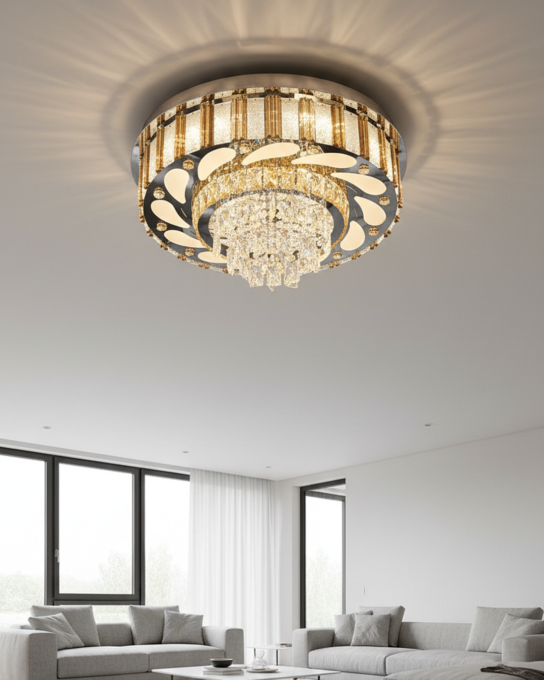 Swanart golden crystal chandelier with multiple hanging crystals and ornate metal frame, showcasing luxurious elegance and intricate design.