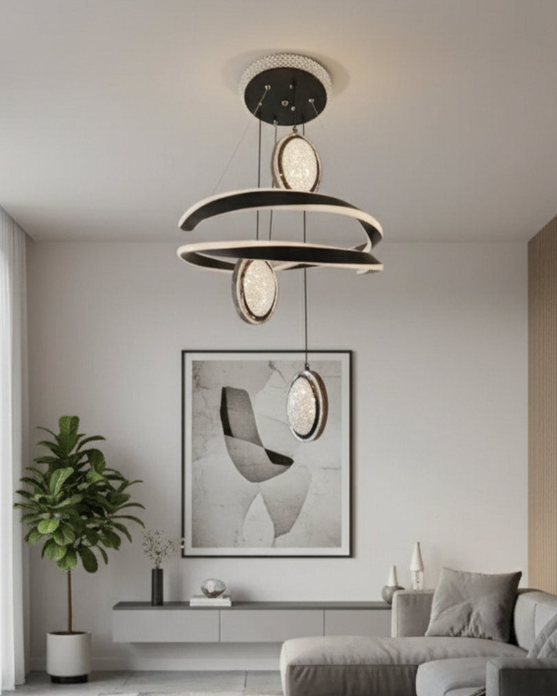 Modern Swanart Hanging Light 9928 with sleek design, suspended from a ceiling, ideal for contemporary interior lighting.