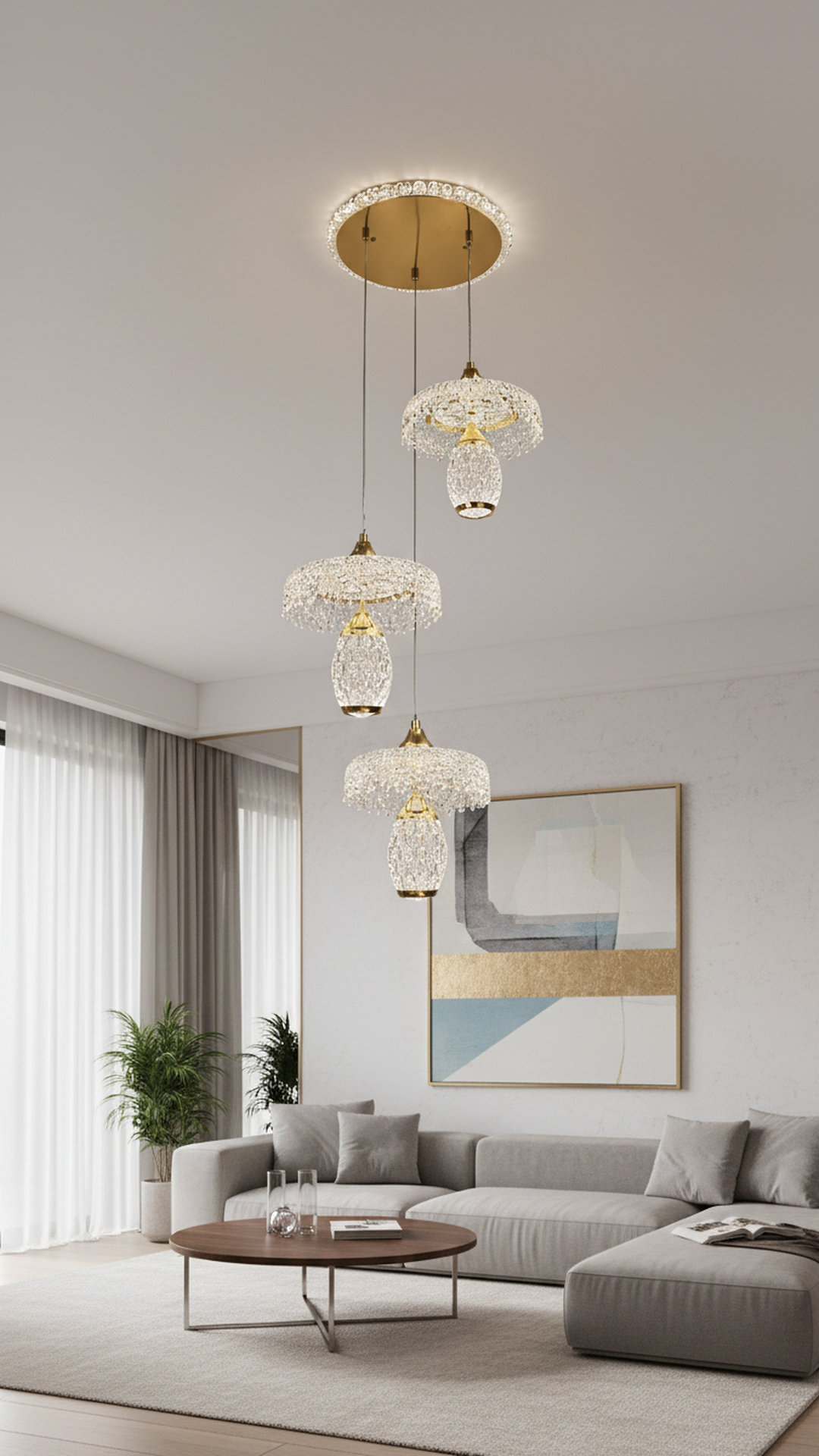 Swanart modern crystal pendant chandelier with three gold-finished LED hanging lights and crystal accents for dining or living room.