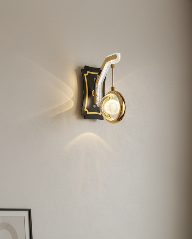 Swanart modern crystal wall light LED sconce with golden finish, decorative indoor lighting for living room, bedroom, or hallway.