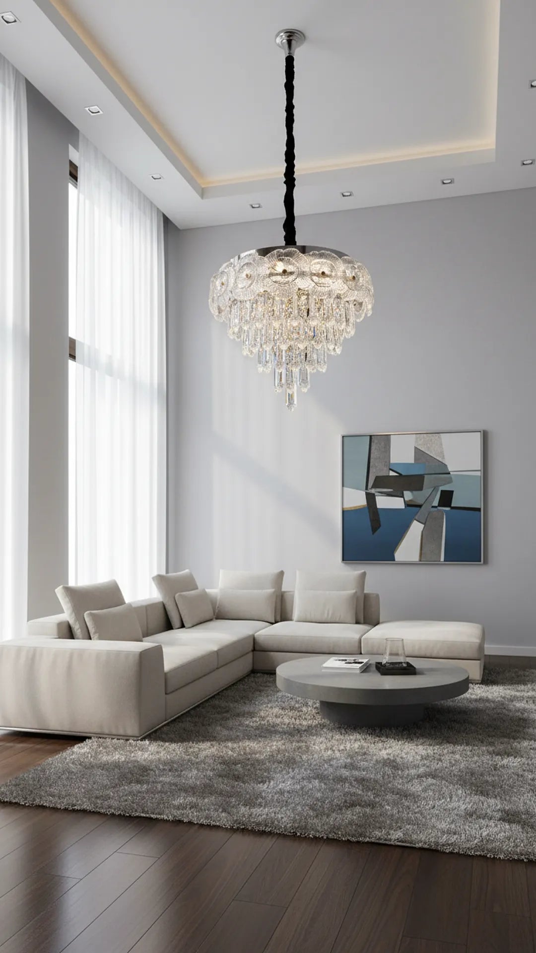 Swanart modern crystal flower chandelier hanging LED ceiling light with glass crystal pendants in a stylish interior setting