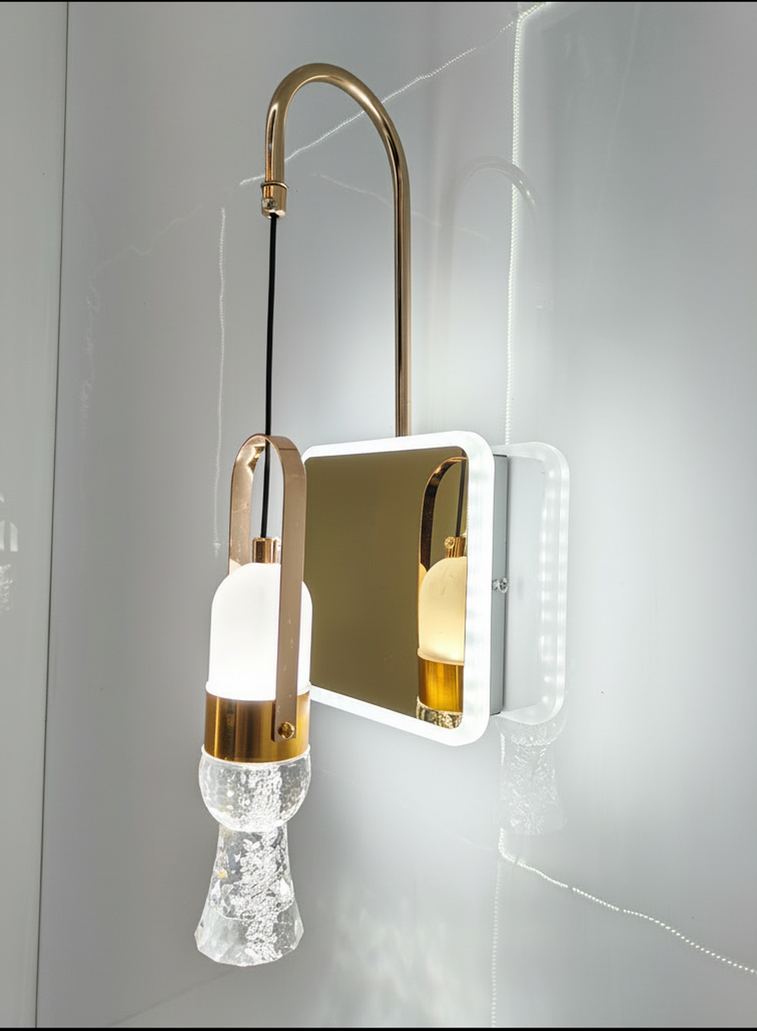 Swanart Modern Crystal Wall Sconce with LED Mirror - Elegant Bathroom Vanity Light Fixture with Gold Finish & Crystal Shade - Swanart