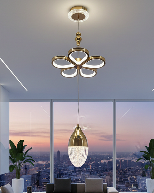 Swanart Florilight modern crystal glass ceiling light with gold finish, 3-in-1 color-changing LED, adjustable height for home or office.