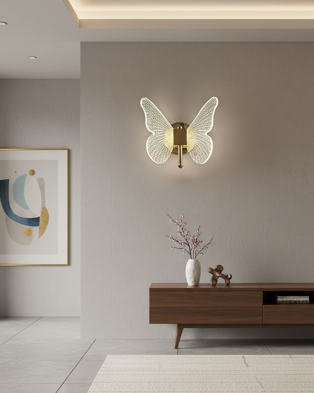 Swanart butterfly LED wall light with warm white acrylic wings and gold finish, modern decorative indoor sconce for bedroom or living room