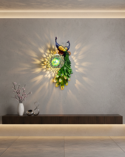 Swanart peacock wall light LED sconce with artistic bird design, warm ambient glow for living room, bedroom, or hallway decor.