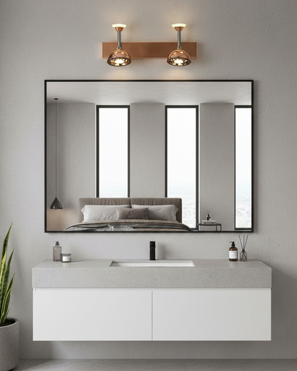 Swanart modern rose gold dual LED wall sconce with adjustable vanity lights, suitable for bathroom, bedroom, or living room decor.