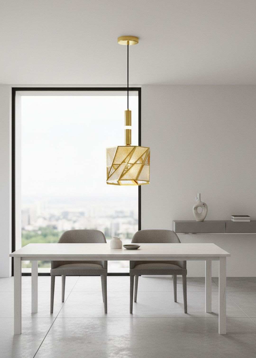 Modern gold Swanart pendant light with geometric glass design, ideal for dining rooms, kitchens, and contemporary indoor spaces.