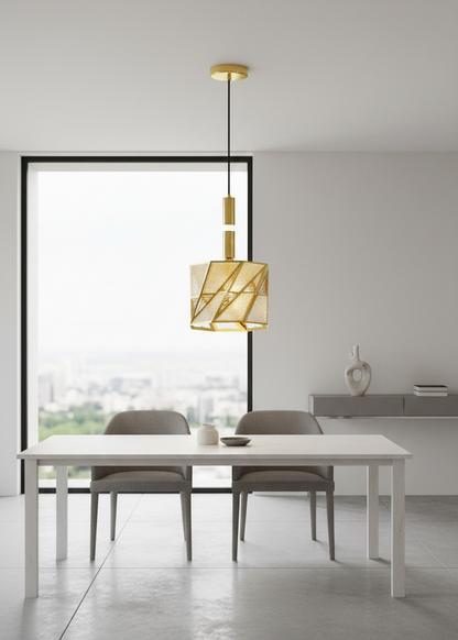 Modern gold Swanart pendant light with geometric glass design, ideal for dining rooms, kitchens, and contemporary indoor spaces.