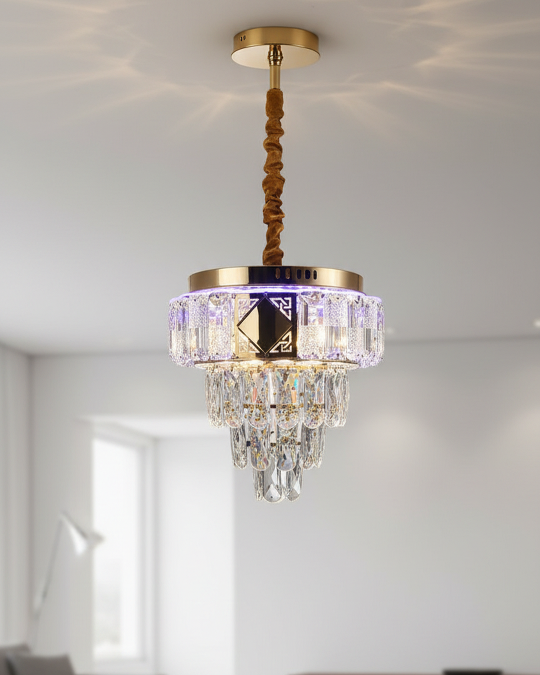 Swanart Crystal Pendant Chandelier Light featuring sparkling crystal drops and elegant design in a creative studio setting