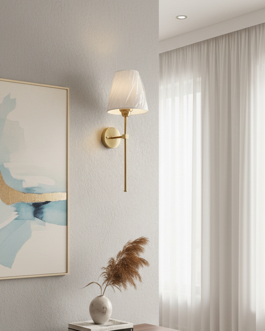 Swanart modern wall light with fabric shade and golden finish, LED sconce for bedroom, living room, hotel, or hallway indoor lighting