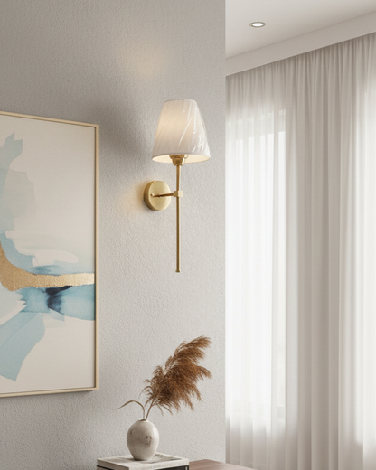 Swanart modern wall light with fabric shade and golden finish, LED sconce for bedroom, living room, hotel, or hallway indoor lighting