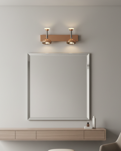 Swanart modern rose gold dual LED wall sconce with adjustable vanity lights, ideal for bathroom, bedroom, or living room decor.