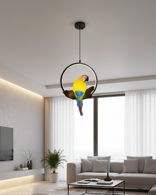 Swanart modern parrot LED pendant light with ring design, decorative bird chandelier for living room, bedroom, or dining area ceiling.
