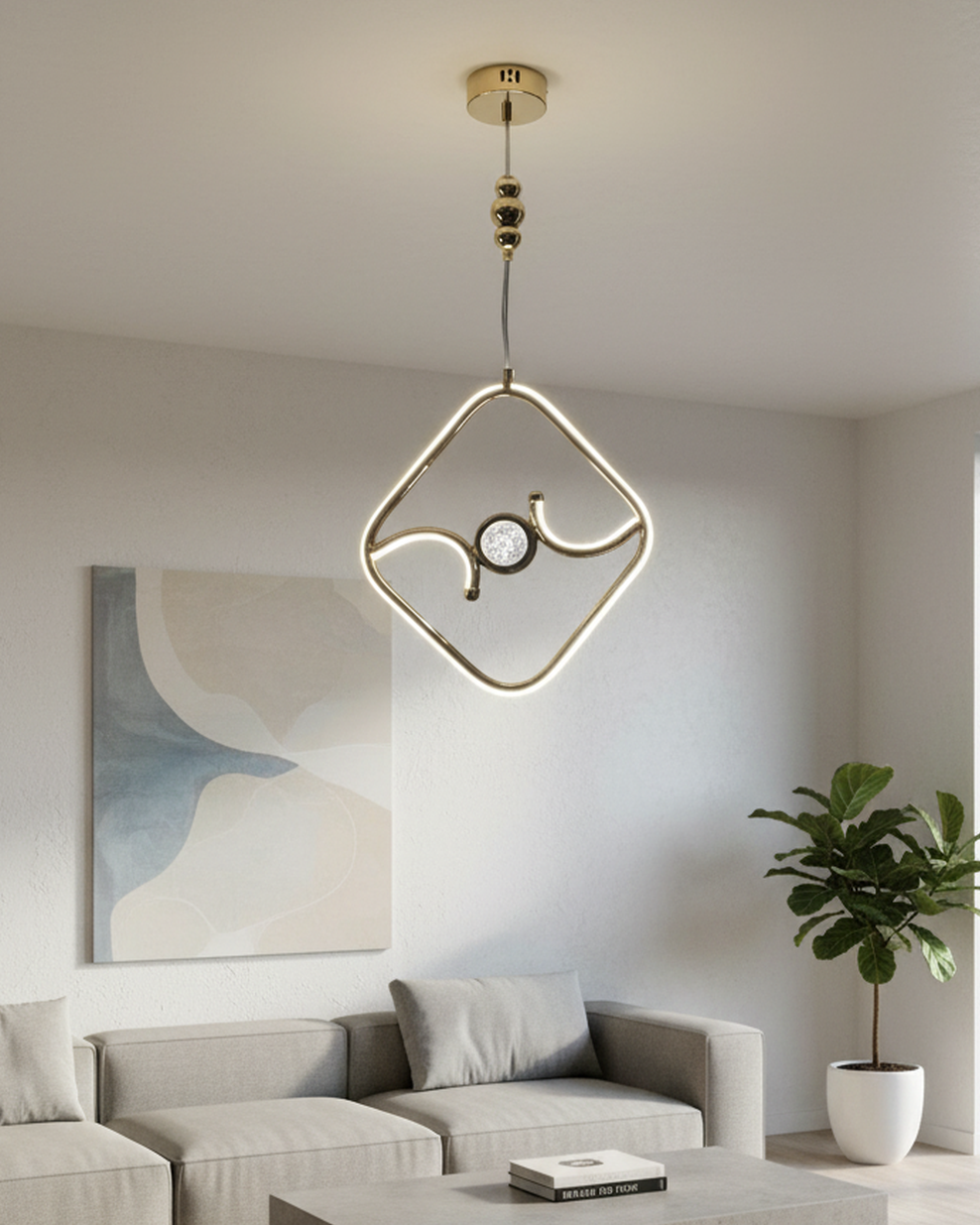 Swanart modern LED pendant light with gold diamond design, warm LED ring, hanging ceiling fixture for living, dining, or bedroom.