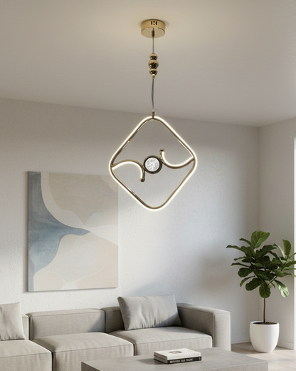 Swanart modern LED pendant light with gold diamond design, warm LED ring, hanging ceiling fixture for living, dining, or bedroom.