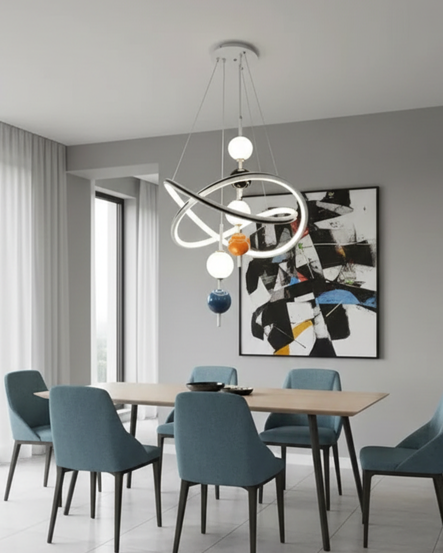Modern Swanart hanging light fixture with sleek design and metal finish, suspended from a ceiling in a contemporary setting.