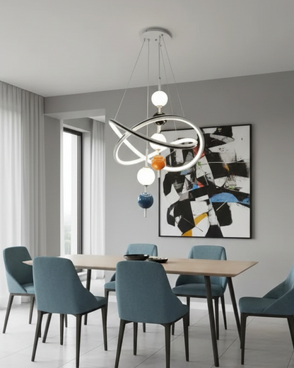 Modern Swanart hanging light fixture with sleek design and metal finish, suspended from a ceiling in a contemporary setting.