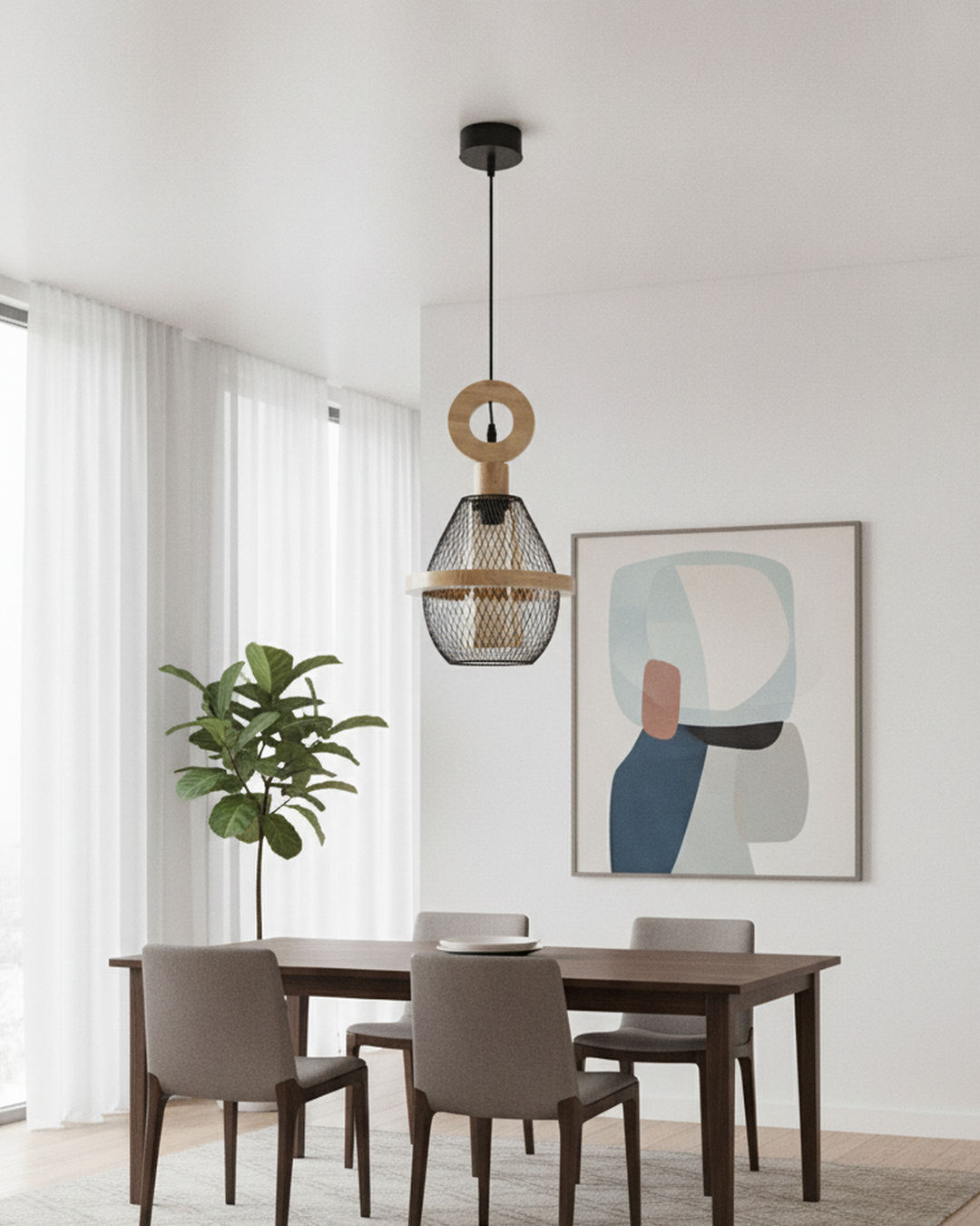 Swanart Modern Wooden Mesh Pendant Light, Decorative Hanging Light with Black Metal Cage Shade, Contemporary Ceiling Lamp for Dining Room, Living Room, Kitchen Island & Café Décor