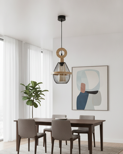 Swanart Modern Wooden Mesh Pendant Light, Decorative Hanging Light with Black Metal Cage Shade, Contemporary Ceiling Lamp for Dining Room, Living Room, Kitchen Island & Café Décor