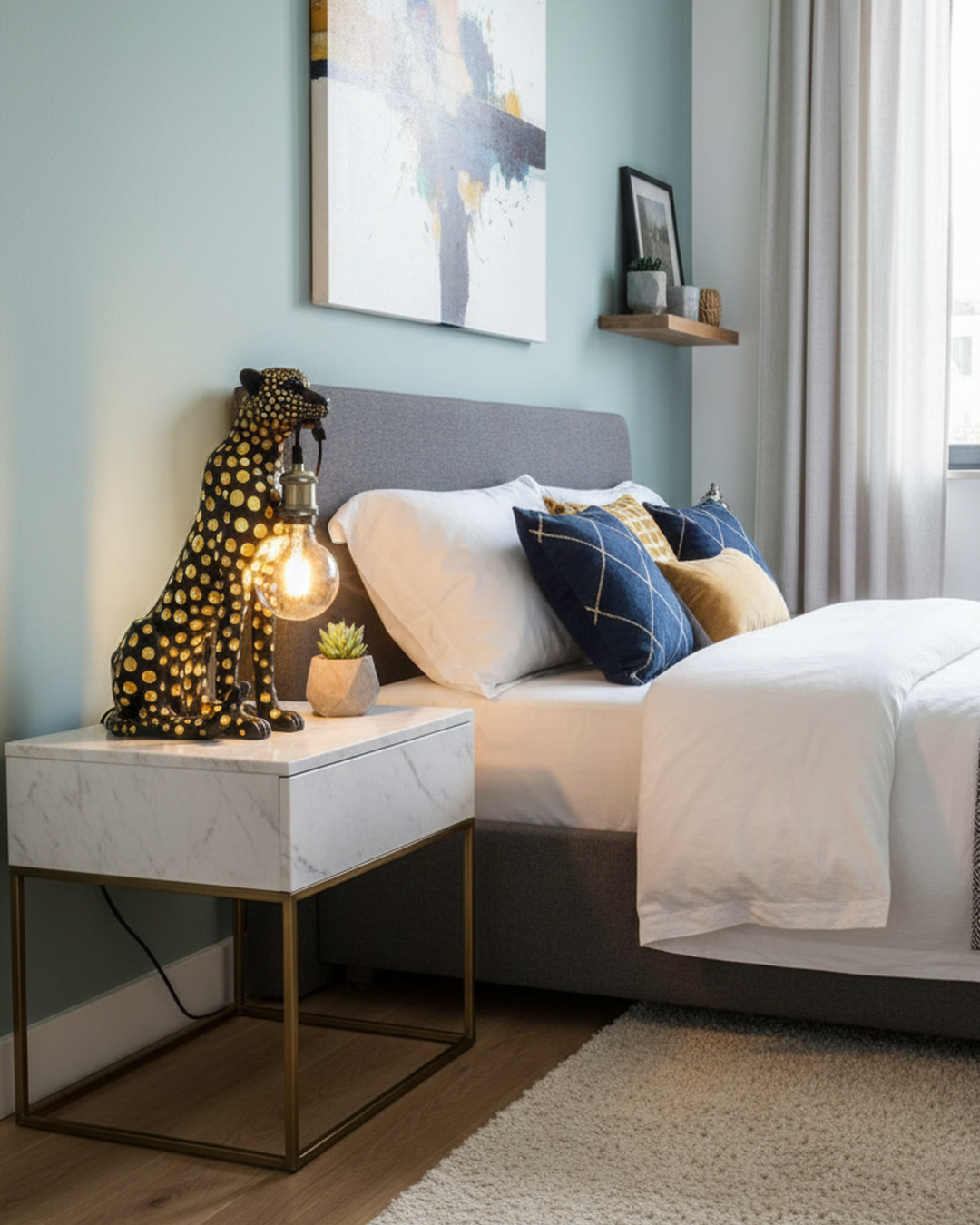 Swanart leopard table lamp with exposed bulb and cheetah figurine, modern animal decor for living room, bedroom, or office lighting.