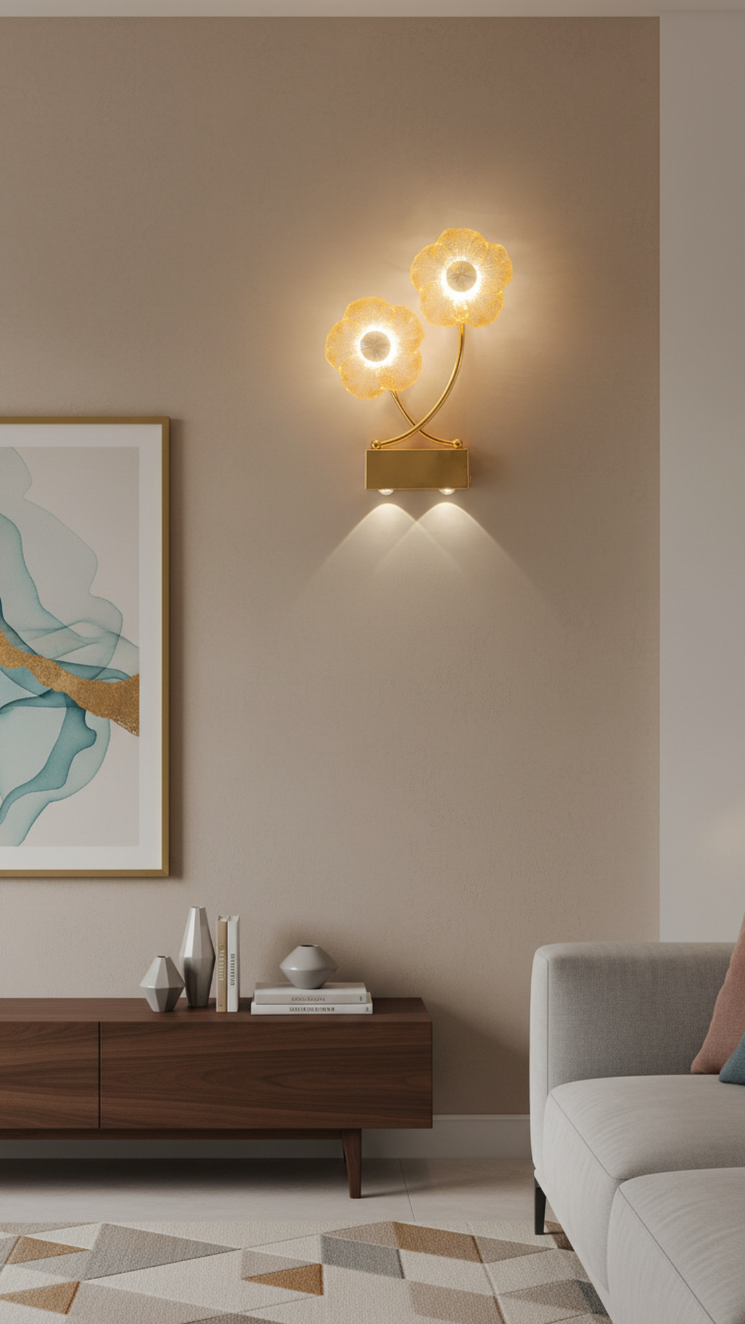 Swanart modern flower LED wall light with crystal petal design, gold sconce, warm downlight, ideal for living rooms and bedrooms.