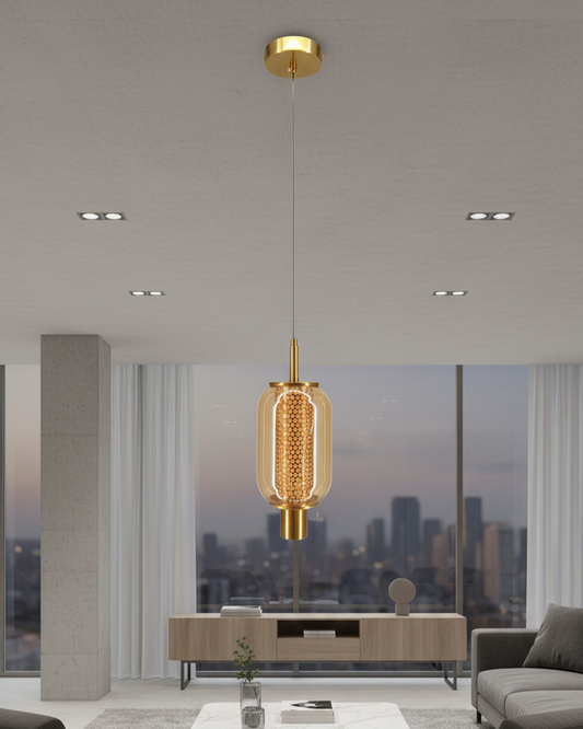 Swanart modern gold hanging pendant light with amber glass shade, LED ceiling lamp for living room, dining, or bedroom decor