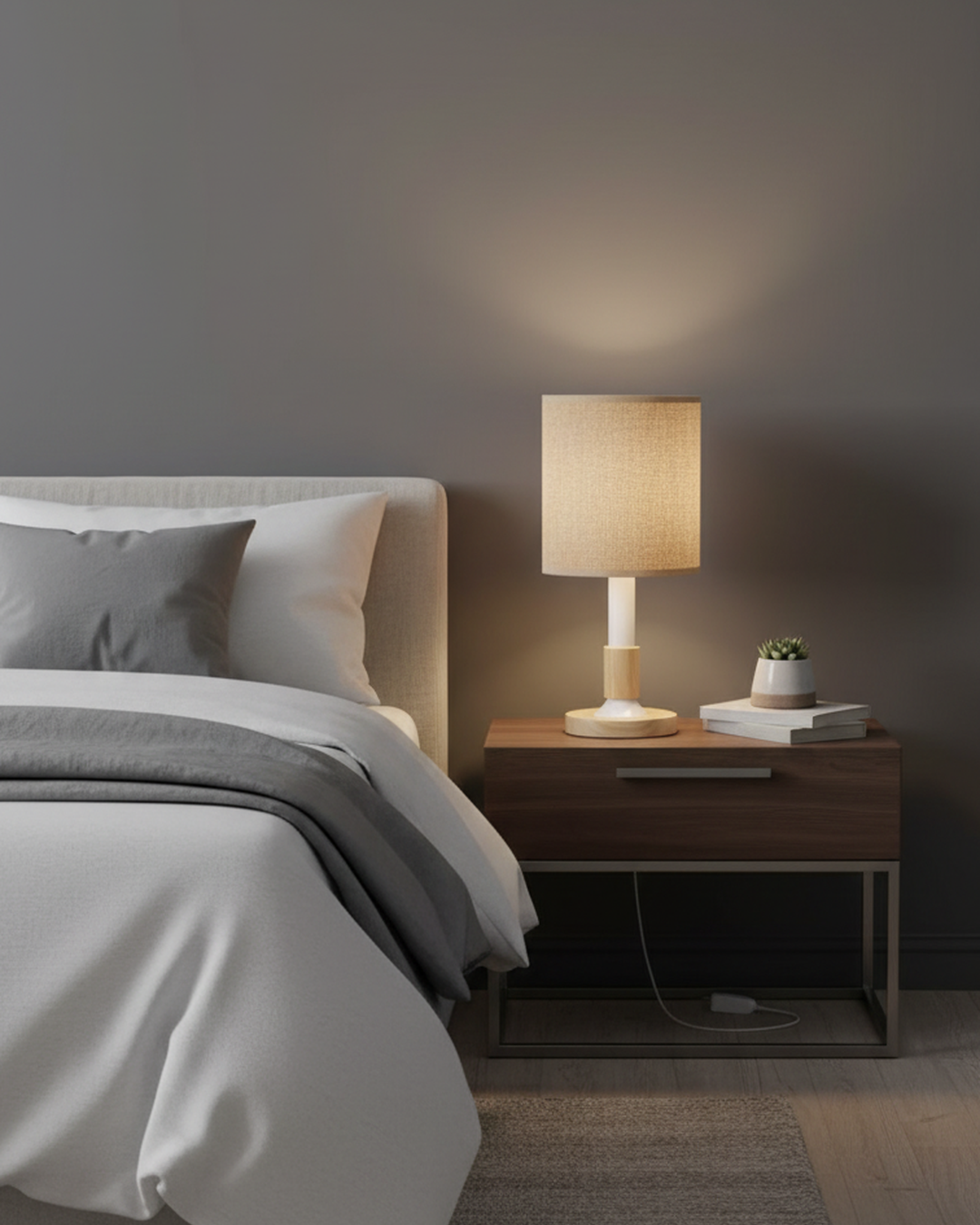 Swanart modern wooden table lamp with fabric shade emitting warm ambient light, perfect for bedroom, living room, or study decor.