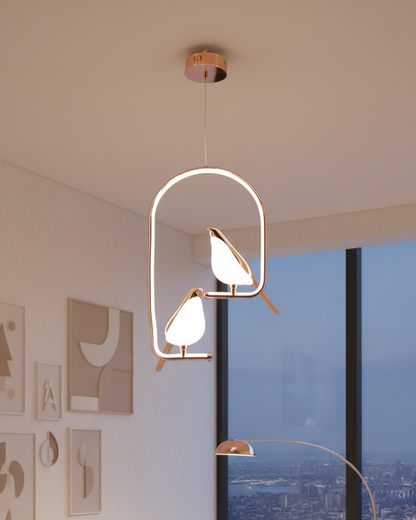 Swanart Metal Chirpy Twin Pendant Hanging Lights with decorative bird design for living room lighting, featuring a modern artistic style.