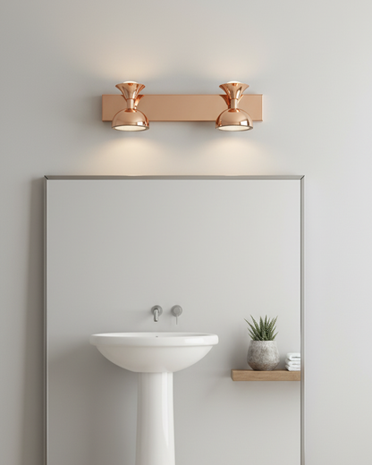 Swanart modern rose gold dual LED wall sconce with adjustable double dome shades, ideal for living room, bedroom, or hallway decor