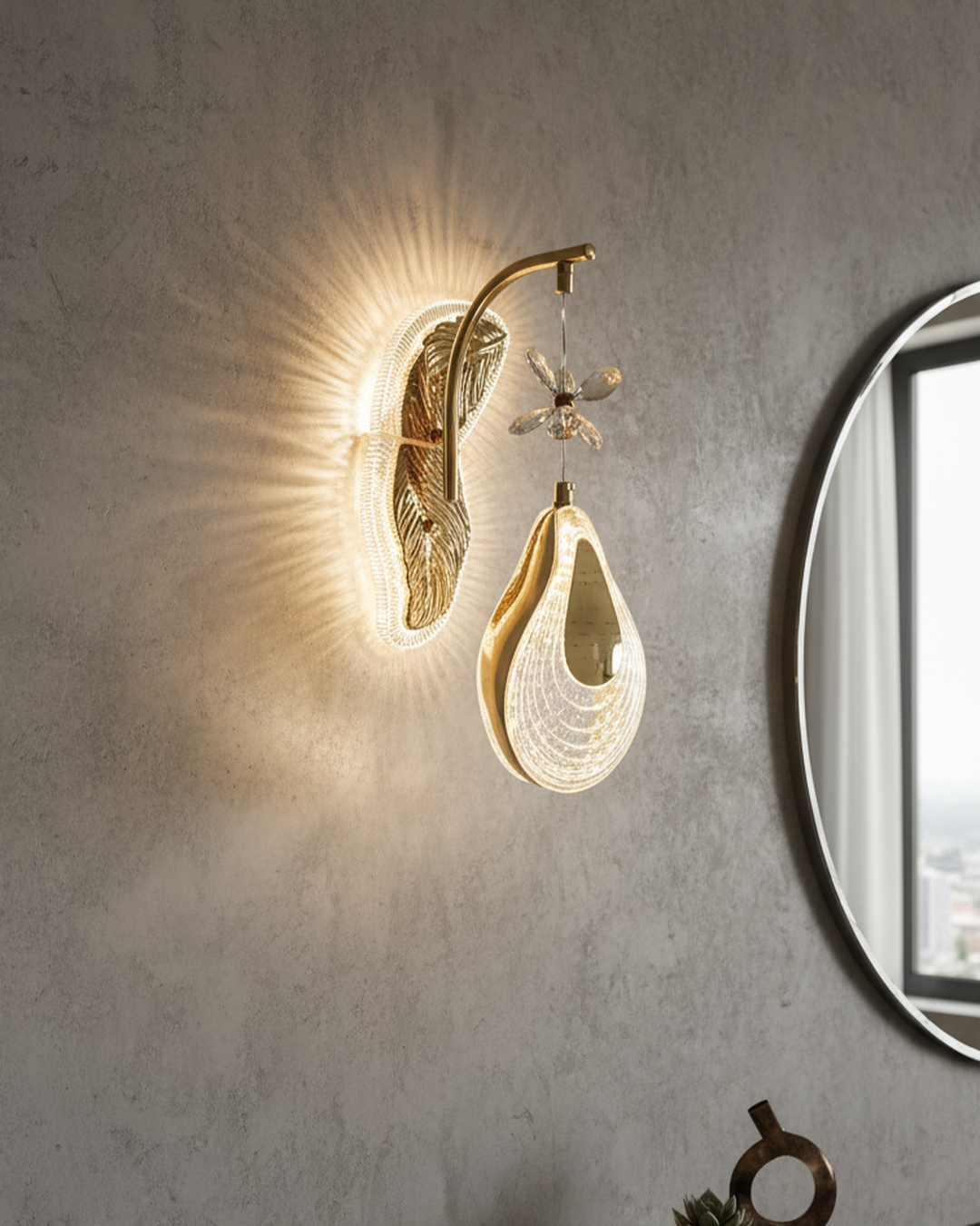 Swanart luxury gold leaf wall light with crystal flower accent, modern LED sconce, glass drop design for living room or bedroom decor