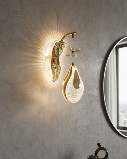 Swanart luxury gold leaf wall light with crystal flower accent, modern LED sconce, glass drop design for living room or bedroom decor