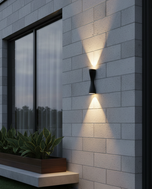 Swanart modern outdoor LED wall light fixture in black finish, waterproof sconce illuminating exterior balcony, porch, or garden areas.