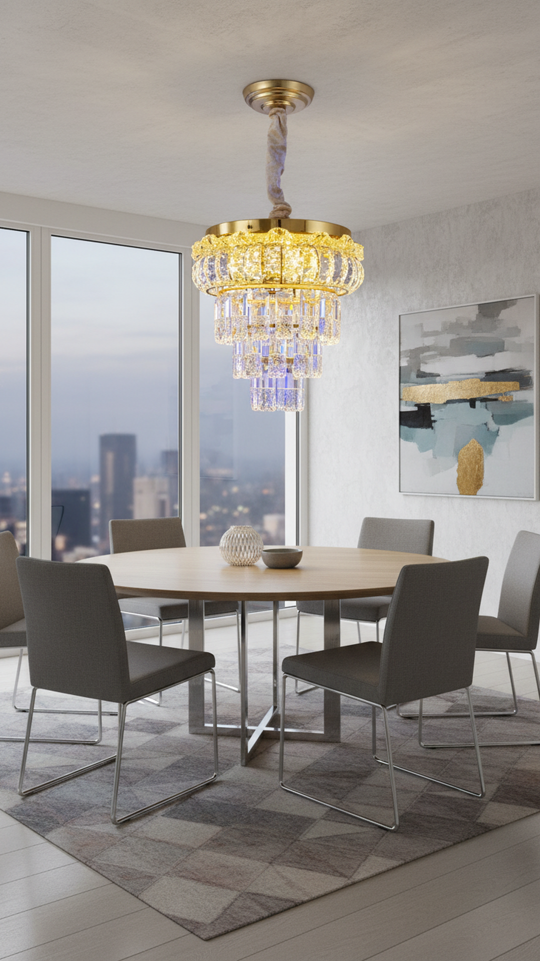 Swanart modern crystal chandelier ceiling light with moving crystals, LED LED, gold finish pendant lamp, Bluetooth music speaker for living room