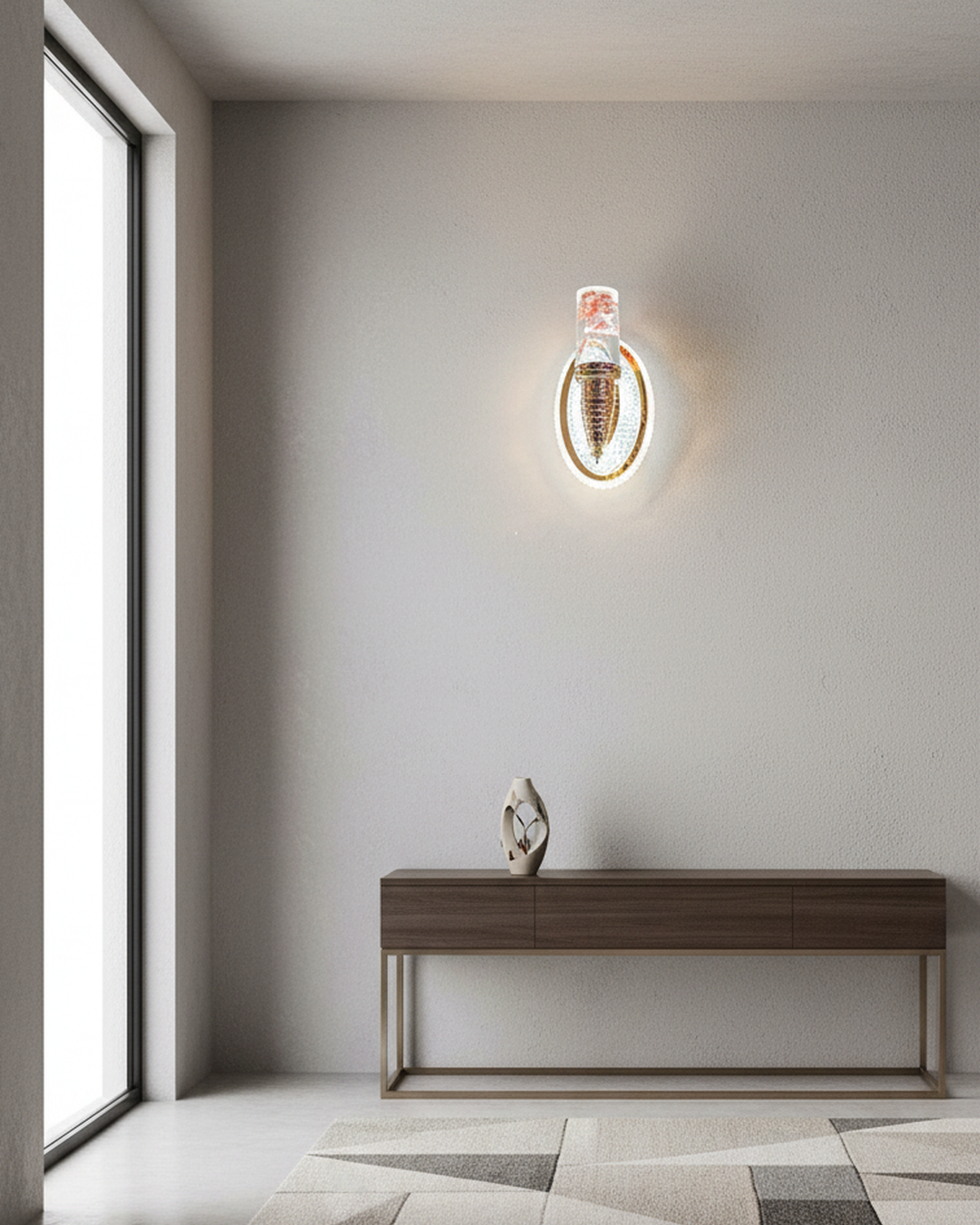 Modern wall sconce on a gray wall with a console table and large window in the background