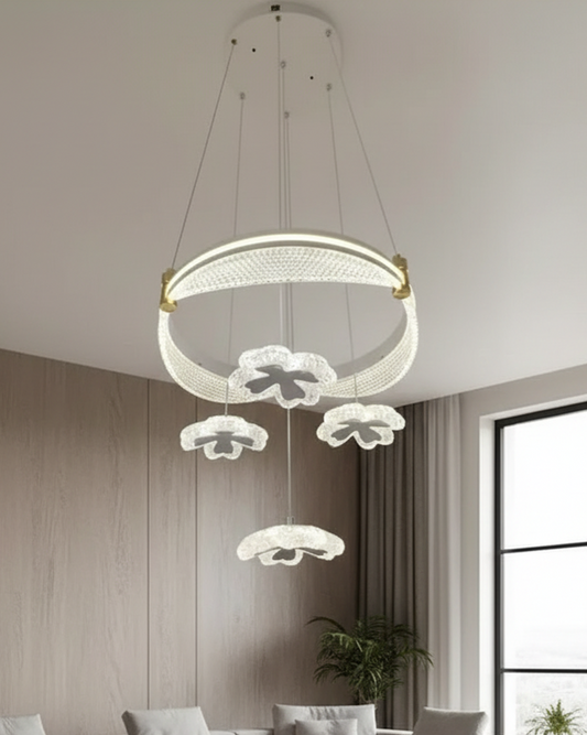 Swanart modern crystal flower ring chandelier LED pendant light with hanging decorative design for living room or dining area.
