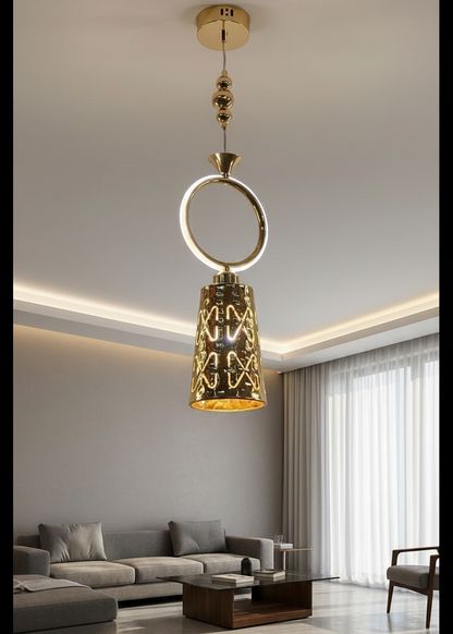 Swanart modern gold pendant light with hammered metal shade and ring design, hanging from ceiling, adjustable height for kitchen or dining area