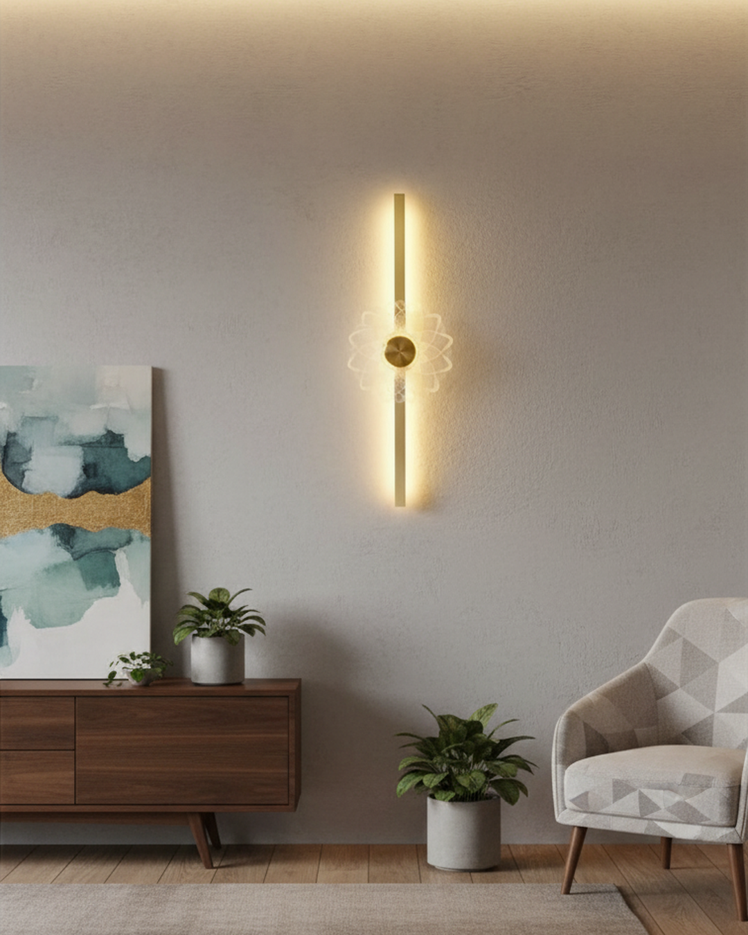 Modern Swanart gold LED wall sconce with decorative crystal pattern, warm white indoor wall lamp for living rooms and bedrooms.
