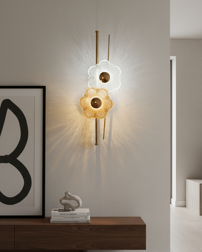 Swanart modern flower crystal wall light with gold finish, decorative glass flower LED sconce for living room, bedroom, hallway lighting.