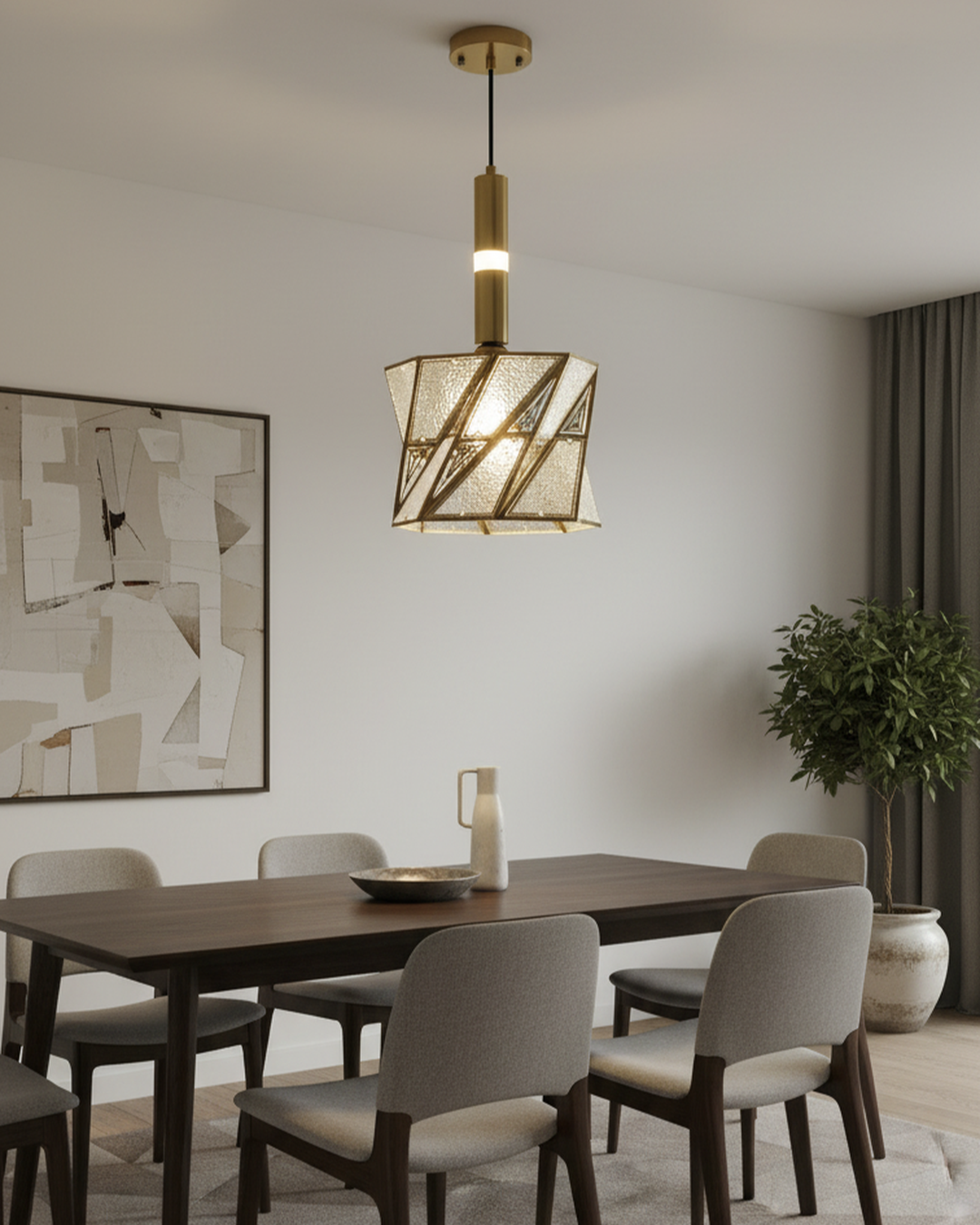 Swanart modern gold pendant light with geometric glass shade hanging in a contemporary dining room ceiling fixture.