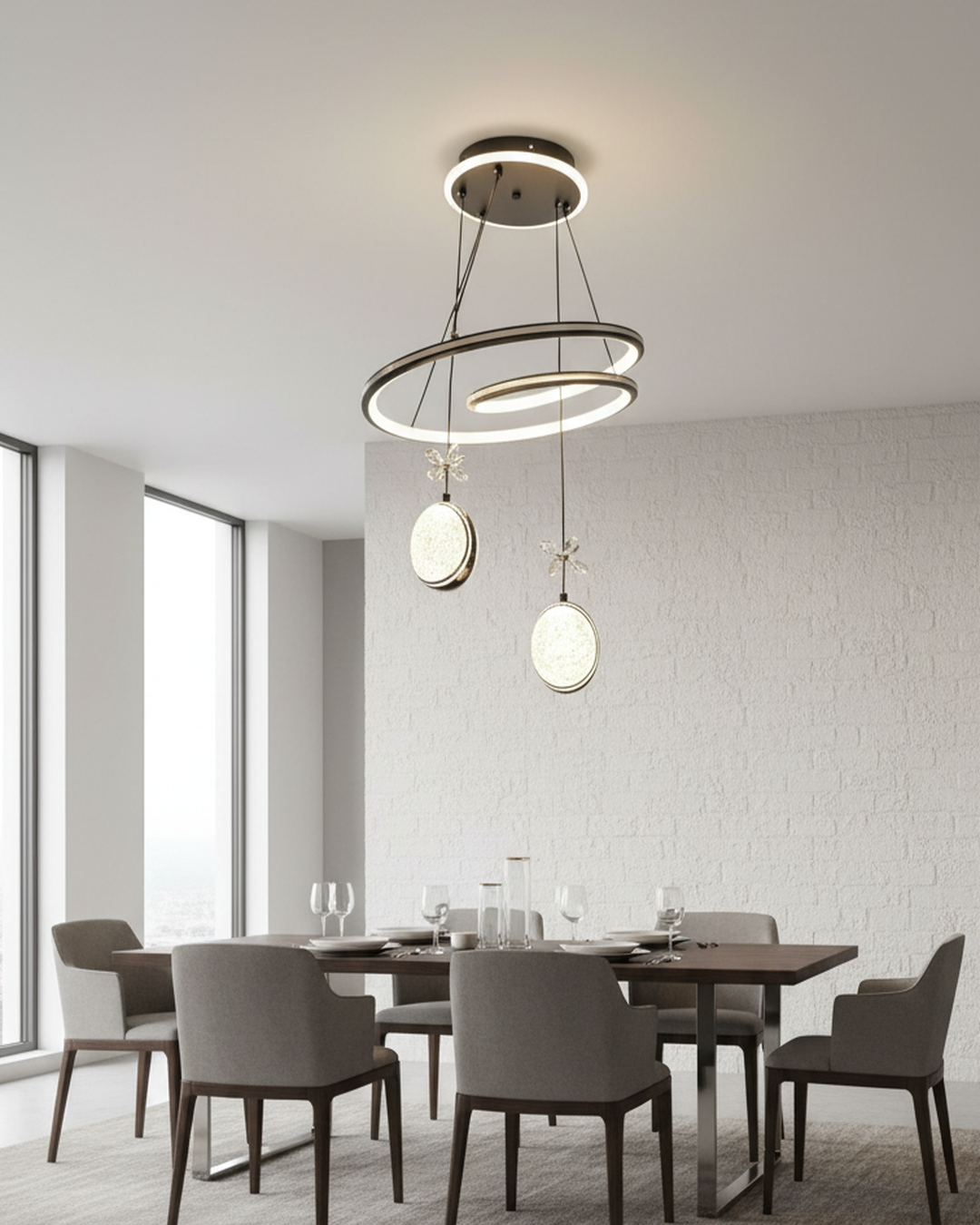 Modern Swanart hanging light fixture with sleek design and multiple bulbs, illuminated in a contemporary studio setting.