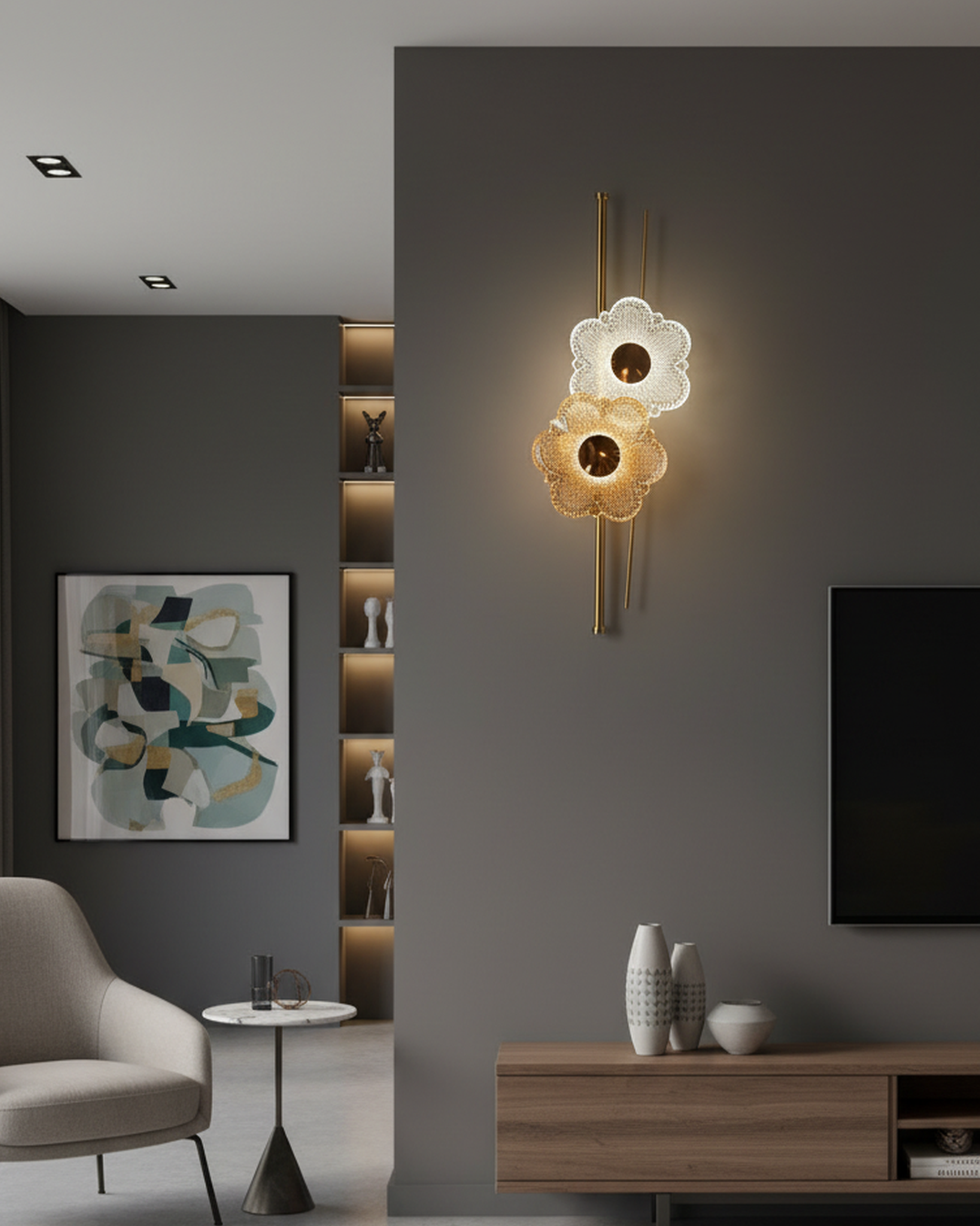 Swanart modern crystal flower wall light with gold finish, LED sconce emitting warm ambient light, decorative glass flower decor for home