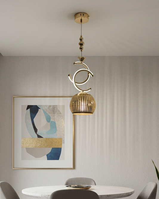 Modern gold Swanart pendant light hanging from ceiling, decorative design suitable for living room, bedroom, or kitchen lighting.