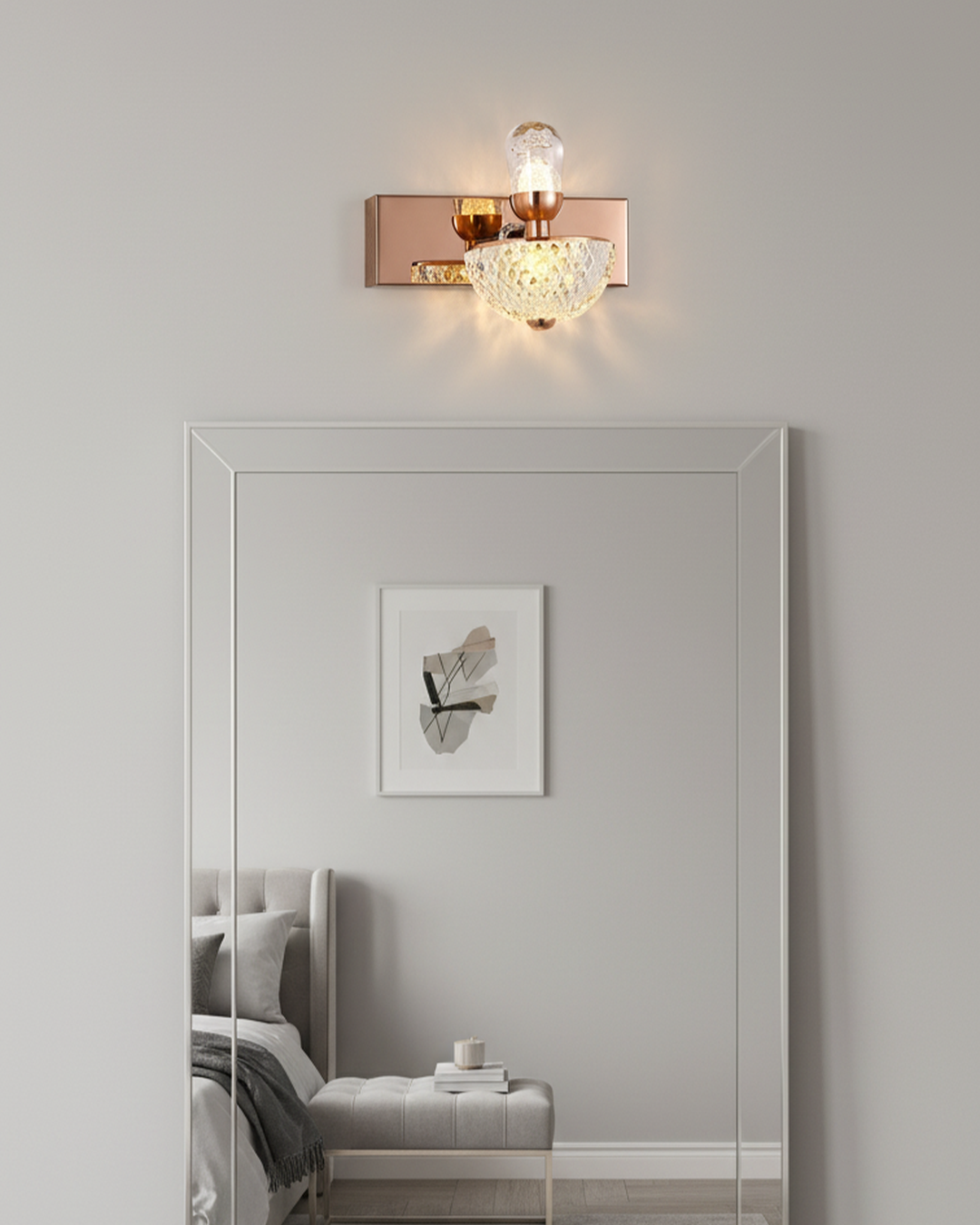 Swanart Rose Gold Crystal Wall Sconce with diamond cut glass shade, modern LED wall light, dimmable for living room or bedroom decor.