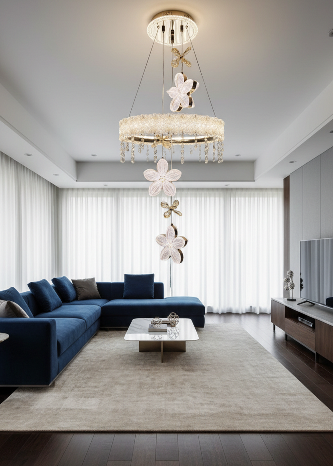 Swanart modern crystal flower chandelier with LED pendant lights, gold finish, decorative floral design for living and dining rooms